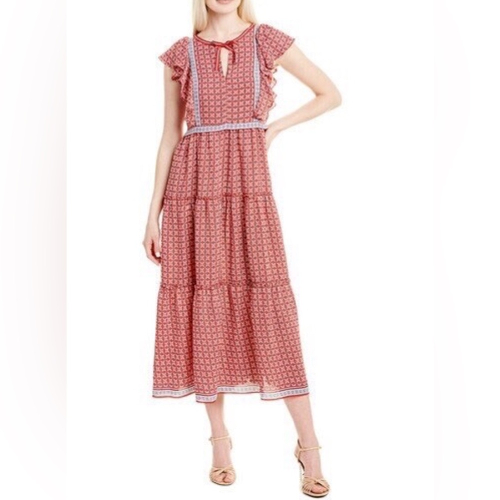 Max Studio Red Patterned Maxi Sleeveless Dress with ruffles on sleeves size S